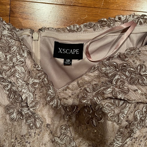 Xscape Strapless Floral Lace Dress in Taupe - Picture 5 of 8